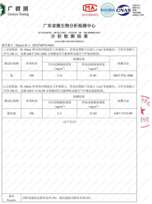 抑菌、氨和硫化氢去除测试报告